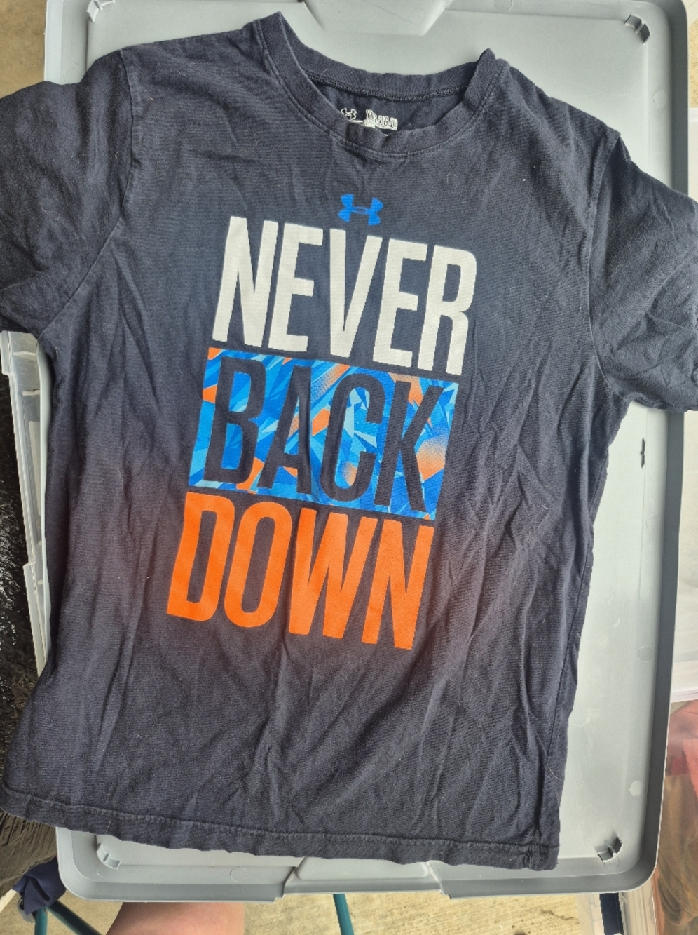 Under Armour Navy Tee with Bold Blue & Orange 'Never Back Down' Graphic